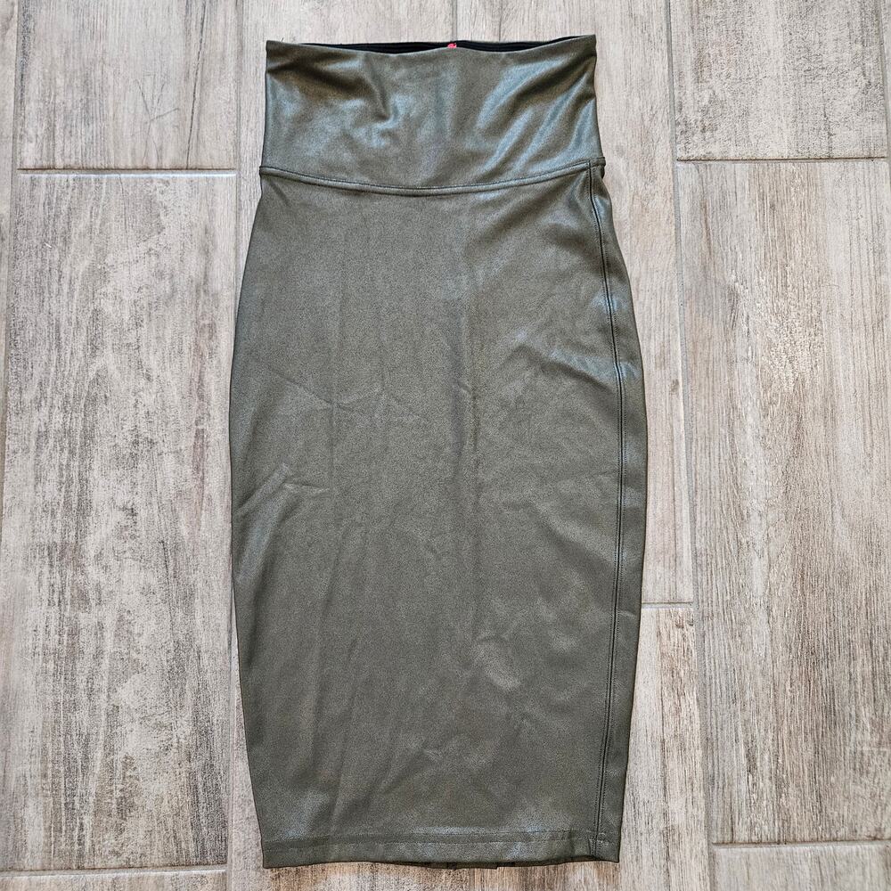 Spanx Skirt Womens XS Dark Green Faux Leather Pencil High Waist Slimming Stretch